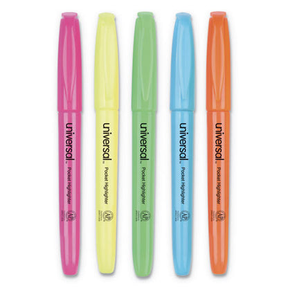 Universal Pocket Highlighters, Assorted Ink Colors, Chisel Tip, Assorted Barrel Colors, 5-Set UNV08850