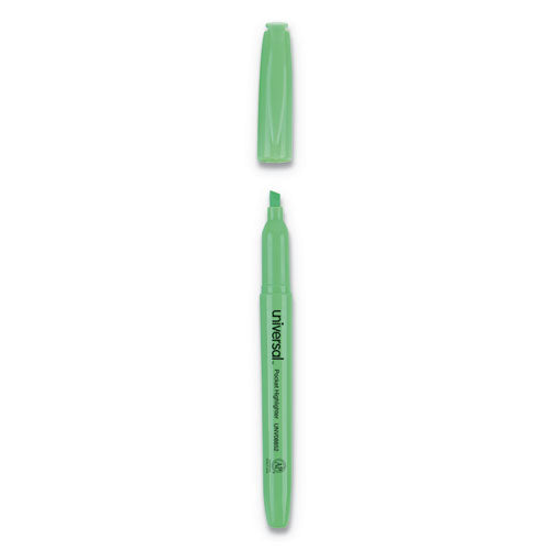 Universal Pocket Highlighters, Fluorescent Green Ink, Chisel Tip, Green Barrel, Dozen UNV08852