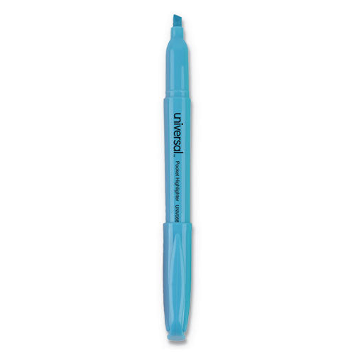 Universal Pocket Highlighters, Fluorescent Blue Ink, Chisel Tip, Blue Barrel, Dozen UNV08854