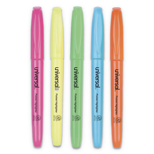 Universal Pocket Highlighters, Assorted Ink Colors, Chisel Tip, Assorted Barrel Colors, Dozen UNV08857