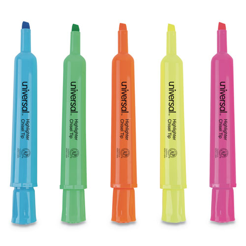 Universal Desk Highlighters, Assorted Ink Colors, Chisel Tip, Assorted Barrel Colors, 5-Set UNV08860