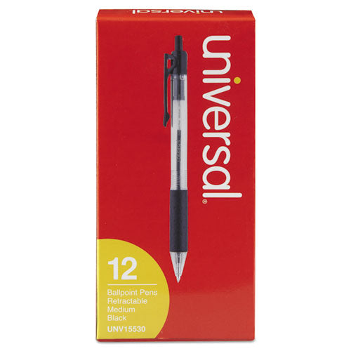 Universal Comfort Grip Ballpoint Pen, Retractable, Medium 1 mm, Black Ink, Clear Barrel, Dozen UNV15530