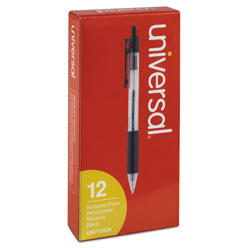 Universal Comfort Grip Ballpoint Pen, Retractable, Medium 1 mm, Black Ink, Clear Barrel, Dozen UNV15530