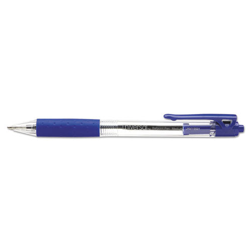 Universal Comfort Grip Ballpoint Pen, Retractable, Medium 1 mm, Blue Ink, Clear Barrel, Dozen UNV15531
