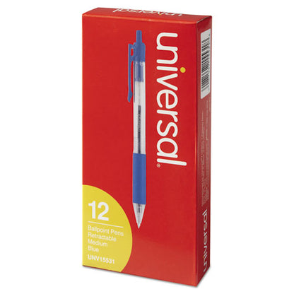Universal Comfort Grip Ballpoint Pen, Retractable, Medium 1 mm, Blue Ink, Clear Barrel, Dozen UNV15531