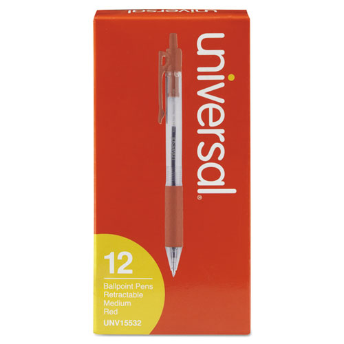 Universal Comfort Grip Ballpoint Pen, Retractable, Medium 1 mm, Red Ink, Clear Barrel, Dozen UNV15532