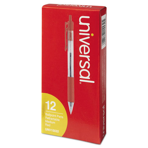 Universal Comfort Grip Ballpoint Pen, Retractable, Medium 1 mm, Red Ink, Clear Barrel, Dozen UNV15532