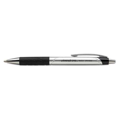 Universal Comfort Grip Ballpoint Pen, Retractable, Medium 1 mm, Black Ink, Silver Barrel, Dozen UNV15540