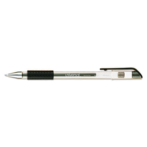 Universal Comfort Grip Gel Pen, Stick, Medium 0.7 mm, Black Ink, Clear Barrel, Dozen UNV39510