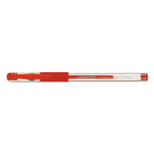 Universal Comfort Grip Gel Pen, Stick, Medium 0.7 mm, Red Ink, Clear Barrel, Dozen UNV39512