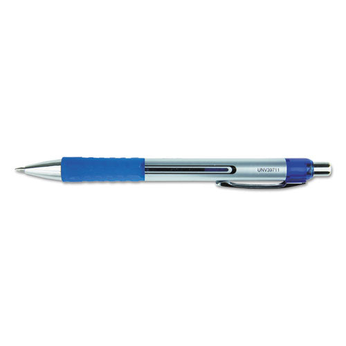 Universal Comfort Grip Gel Pen, Retractable, Medium 0.7 mm, Blue Ink, Silver Barrel, Dozen 39721