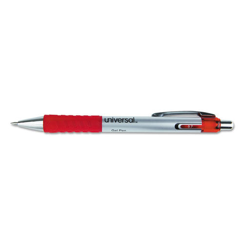 Universal Comfort Grip Gel Pen, Retractable, Medium 0.7 mm, Red Ink, Silver Barrel, Dozen 39722