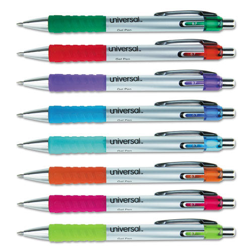 Universal Comfort Grip Gel Pen, Retractable, Medium 0.7 mm, Assorted Ink Colors, Silver Barrel, 8-Pack 39725
