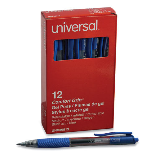 Universal Comfort Grip Gel Pen, Retractable, Medium 0.7 mm, Blue Ink, Translucent Blue Barrel, Dozen UNV39913