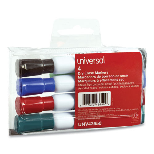 Universal Dry Erase Marker, Broad Chisel Tip, Assorted Colors, 4-Set UNV43650