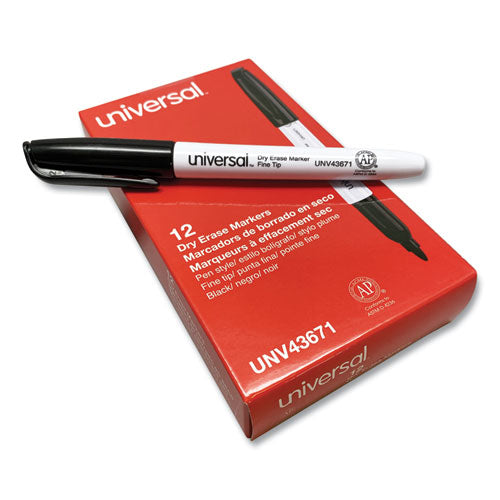 Universal Pen Style Dry Erase Marker, Fine Bullet Tip, Black, Dozen UNV43671