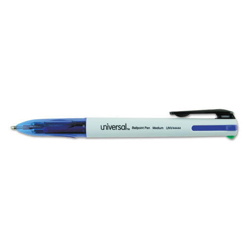 Universal 4-Color Multi-Color Ballpoint Pen, Retractable, Medium 1 mm, Black-Blue-Green-Red Ink, White-Translucent Blue Barrel, 3-Pack UNV44444