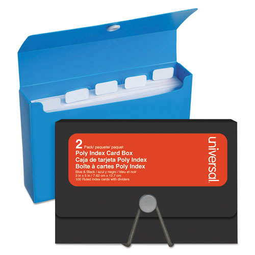 Universal Poly Index Card Box, Holds 100 3 x 5 Cards, 3 x 1.33 x 5, Plastic, Black-Blue, 2-Pack UNV47304