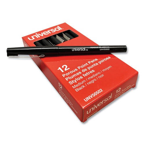 Universal Porous Point Pen, Stick, Medium 0.7 mm, Black Ink, Black Barrel, Dozen UNV50502