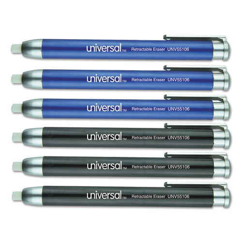 Universal Pen-Style Retractable Eraser, For Pencil Marks, White Eraser, Assorted Barrel Colors, 6-Pack UNV55106