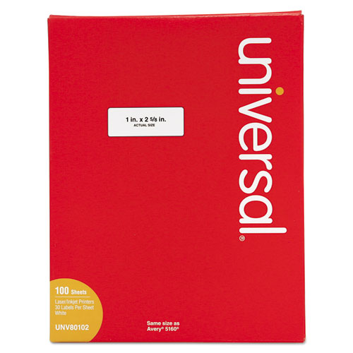 Universal White Labels, Inkjet-Laser Printers, 1 x 2.63, White, 30-Sheet, 100 Sheets-Box UNV80102