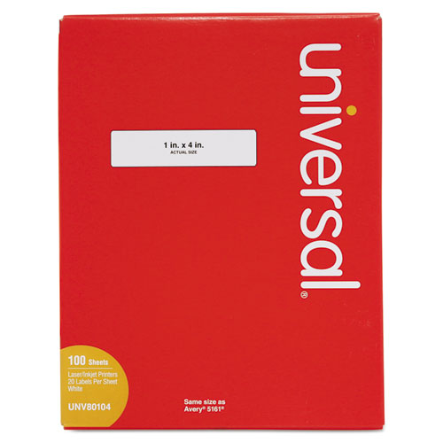 Universal White Labels, Inkjet-Laser Printers, 1 x 4, White, 20-Sheet, 100 Sheets-Box UNV80104