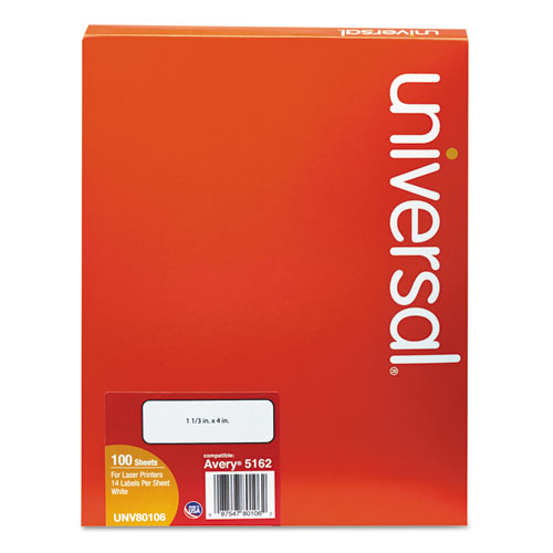 Universal White Labels, Inkjet-Laser Printers, 1.33 x 4, White, 14-Sheet, 100 Sheets-Box UNV80106