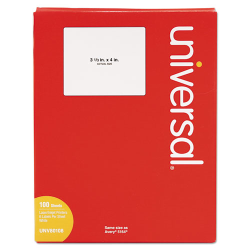 Universal White Labels, Inkjet-Laser Printers, 3.33 x 4, White, 6-Sheet, 100 Sheets-Box UNV80108