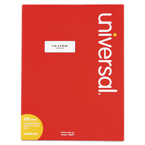 Universal White Labels, Inkjet-Laser Printers, 1 x 2.63, White, 30-Sheet, 250 Sheets-Pack UNV80120