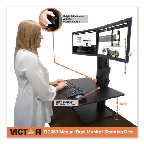 Victor High Rise Dual Monitor Standing Desk Workstation, 28" x 23" x 10.5" to 15.5", Black DC350A