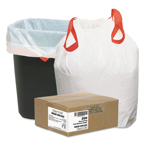 Draw 'n Tie Heavy-Duty Trash Bags, 13 gal, 0.9 mil, 24.5" x 27.38", White, 200-Box WEB1DK200