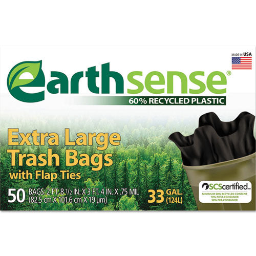 Earthsense Large Trash Bags, 33 gal, 0.75 mil, 32.5" x 40", Black, 50-Box GES6TL50