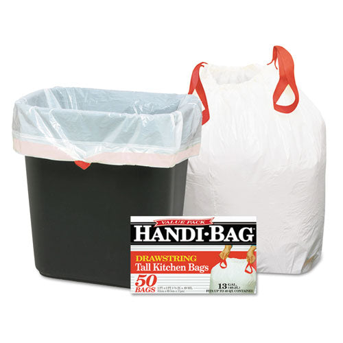 Handi-Bag Drawstring Kitchen Bags, 13 gal, 0.6 mil, 24" x 27.4", White, 50-Box, 6 Boxes-Carton WEB HAB6DK50