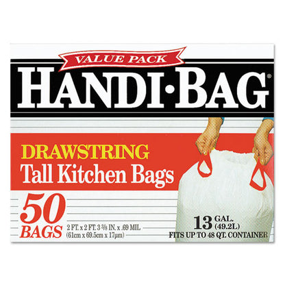 Handi-Bag Drawstring Kitchen Bags, 13 gal, 0.6 mil, 24" x 27.38", White, 50-Box HAB6DK50