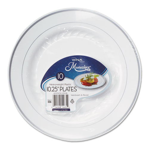 WNA Masterpiece Plastic Plates, 10.25" dia, White with Silver Accents, Round, 10-Pack, 12 Packs-Carton RSM101210WS