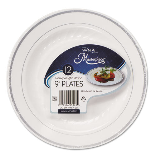 WNA Masterpiece Plastic Plates, 9" dia, White-Silver, 10-Pack, 12 Packs-Carton RSMP91210WS