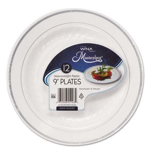 WNA Masterpiece Plastic Dinnerware, 9" dia, White-Silver, 10-Pack RSMP91210WSLV
