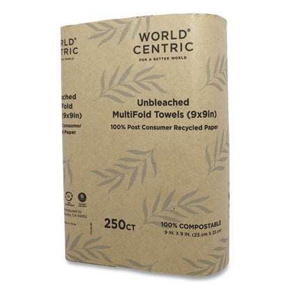 World Centric 100 Percent PCW Recycled Paper Towels, 1-Ply, 9 x 9, Natural, 250-Pack, 16 Packs-Carton TWPAMF