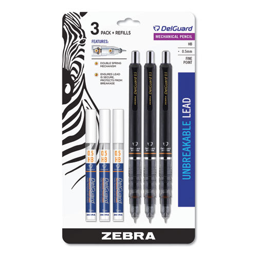 Zebra Delguard Mechanical Pencil, 0.5 mm, HB (#2.5), Black Lead, Black Barrel, 3-Pack 10613