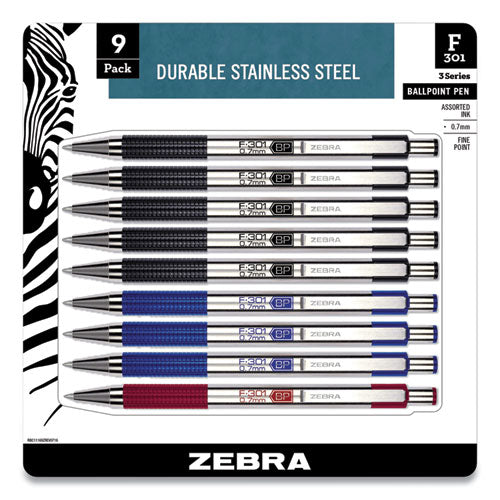 Zebra F-301 Ballpoint Pen, Retractable, Fine 0.7 mm, Assorted Ink and Barrel Colors, 9-Pack 11169