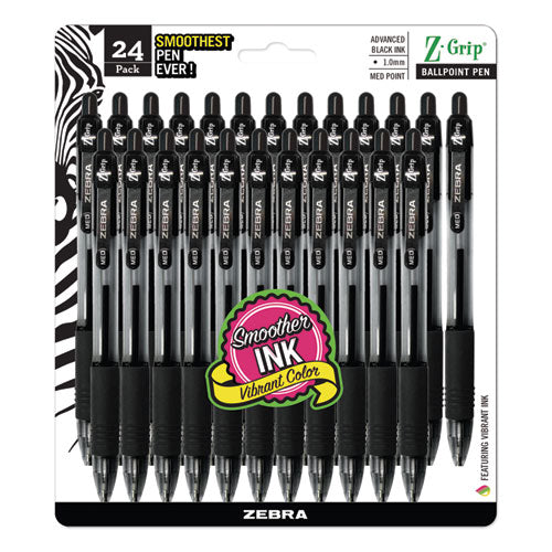 Zebra Z-Grip Ballpoint Pen, Retractable, Medium 1 mm, Black Ink, Clear Barrel, 24-Pack 12221