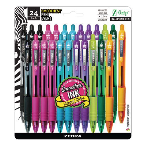 Zebra Z-Grip Ballpoint Pen, Retractable, Medium 1 mm, Assorted Artistic Ink Colors, Clear Barrel, 24-Pack 12271