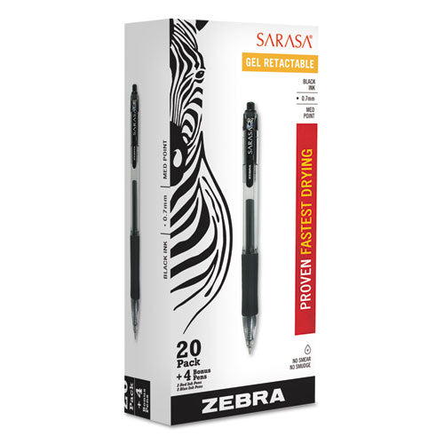 Zebra Sarasa Dry Gel X20 Gel Pen Value Pack, Retractable, Medium 0.7 mm, Black Ink, Smoke Barrel, 24-Box 14680