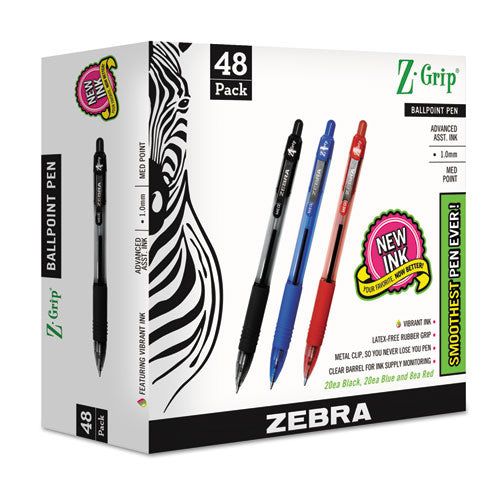 Zebra Z-Grip Ballpoint Pen, Retractable, Medium 1 mm, Assorted Ink and Barrel Colors, 48-Pack 22048