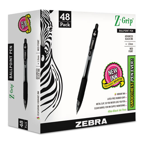 Zebra Z-Grip Ballpoint Pen, Retractable, Medium 1 mm, Black Ink, Black Barrel, 48-Pack 22148