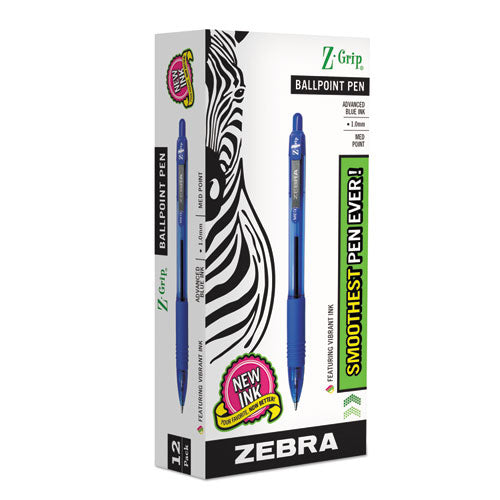 Zebra Z-Grip Ballpoint Pen, Retractable, Medium 1 mm, Blue Ink, Clear Barrel, Dozen 22220