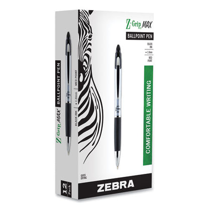 Zebra Z-Grip MAX Ballpoint Pen, Retractable, Medium 1 mm, Black Ink, Silver Barrel, Dozen 22410