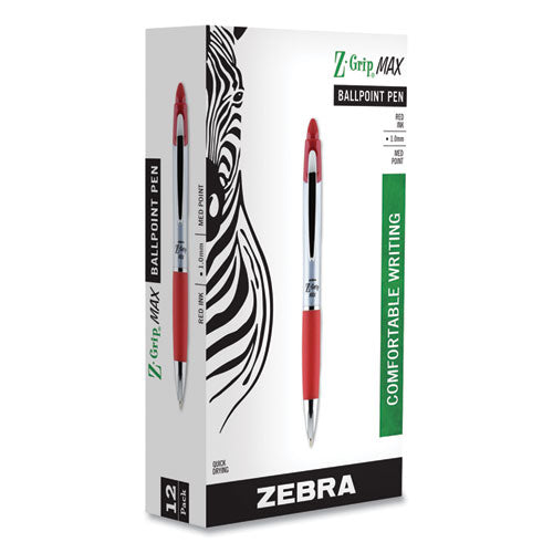 Zebra Z-Grip MAX Ballpoint Pen, Retractable, Medium 1 mm, Red Ink, Silver Barrel, Dozen 22430