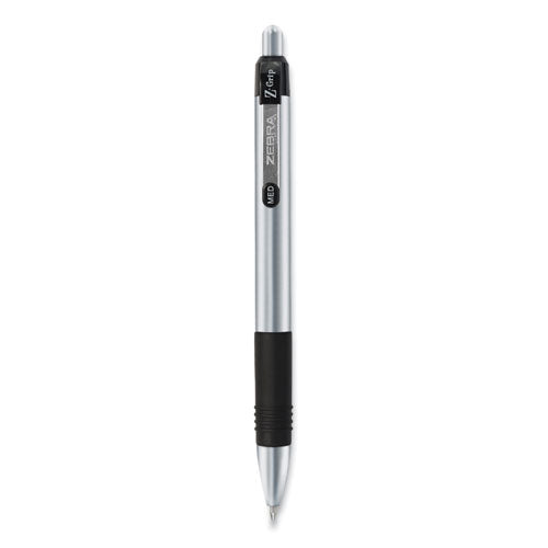 Zebra Z-Grip Metal Ballpoint Pen, Retractable, Medium 1 mm, Black Ink, Silver Barrel, Dozen 27010