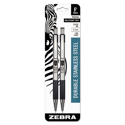 Zebra F-301 Ballpoint Pen, Retractable, Fine 0.7 mm, Black Ink, Stainless Steel-Black Barrel, 2-Pack 27112